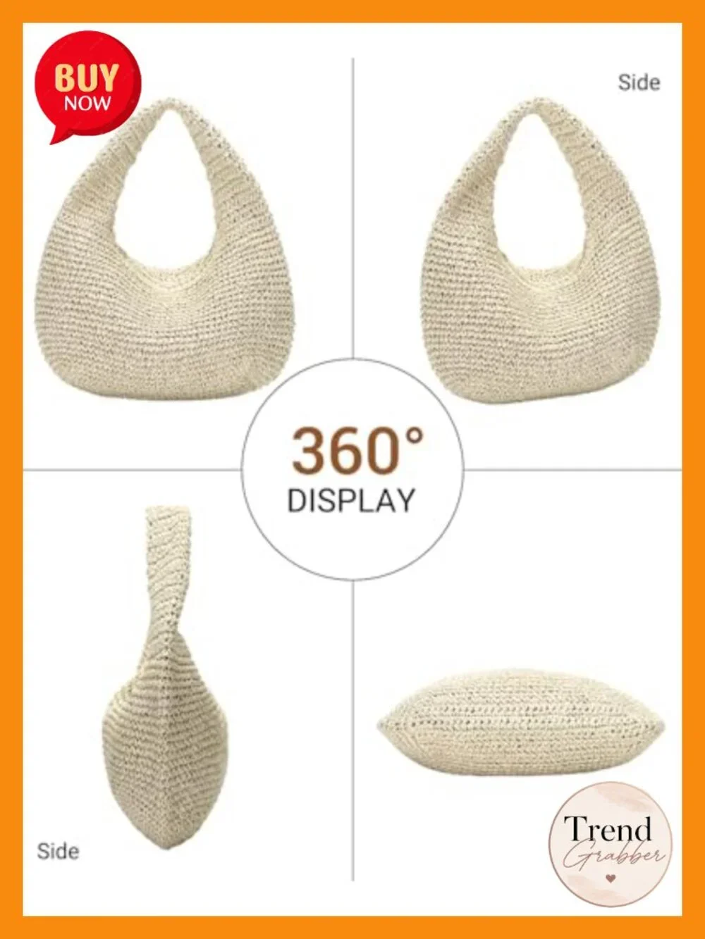 Handwoven Straw Hobo Bag with Top Zip Closure